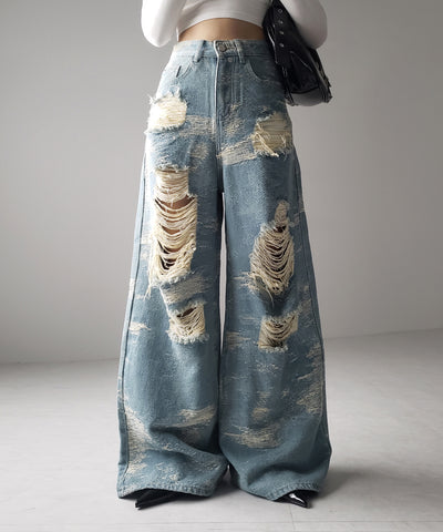 【 ２color ／ ４size 】クラッシュダメージバイカラースラブワイドデニム ／ crash damaged bicolor slab wide denim