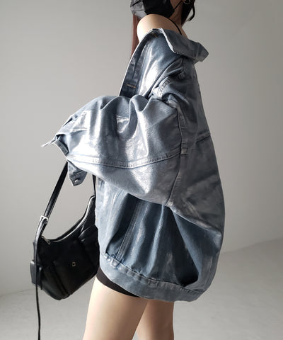 【 ２color 】メタリックハクプリントビッグシルエットボーイフレンドウォッシュデニムジャケット