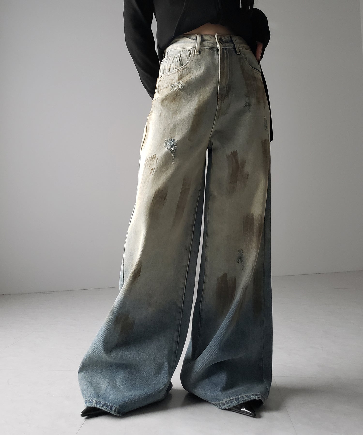 【 ２color ／ ４size 】ヴィンテージペイントグラデーションワイドデニムパンツ ／ vintage paint gradation wide denim pants