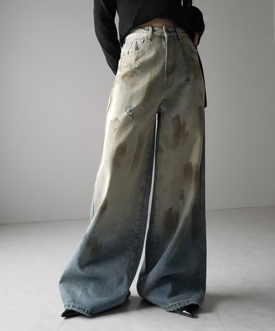 【 ２color ／ ４size 】ヴィンテージペイントグラデーションワイドデニムパンツ ／ vintage paint gradation wide denim pants