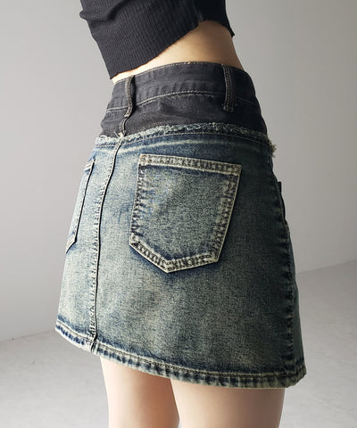 【 ３size ／ ２color 】ダメージドッキングヴィンテージデニムミニスカート ／damage docking vintage denim mini skirt