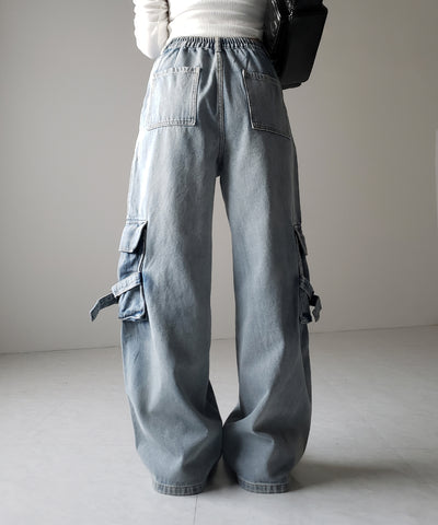 【 ２color ／ ４size 】サイドラインストレートカーゴデニムパンツ ／ sideline straight cargo denim pants