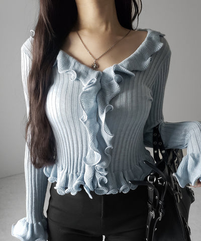 シアーフリル長袖リブニットカーディガン ／ sheer frill long-sleeve ribbed knit cardigan