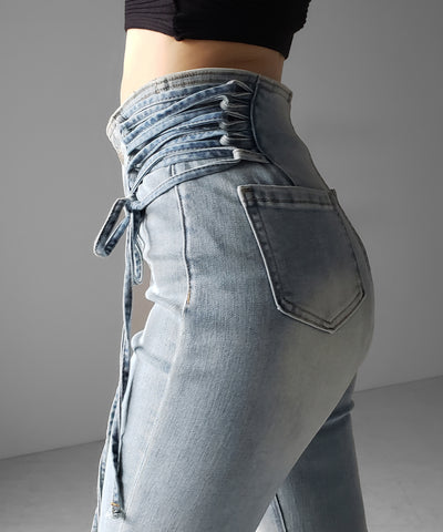 サイドレースアップリボン美脚ストレッチフレアデニム ／ side laceup ribbon slim leg stretch flare denim