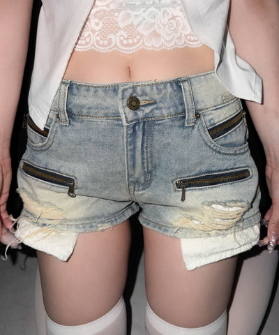 レースポケットダメージデニムマイクロショートパンツ／ lace pocket damage denim micro short pants