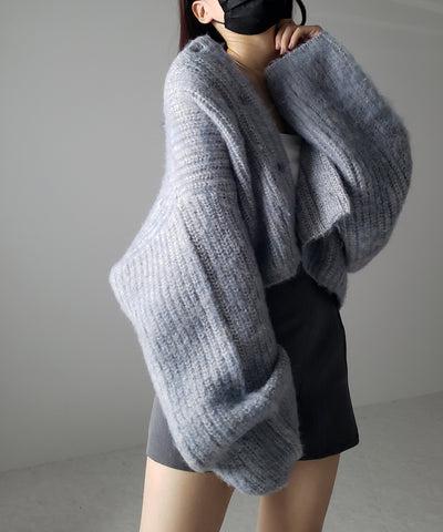 ボリュームワイドスリーブショートシャギーニットカーディガン ／ volume wide sleeve short shaggy knit cardigan