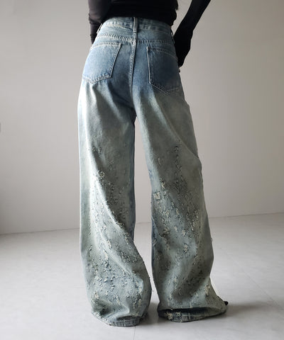 【 ２color ／ ４size 】グラデーションクラッシュダメージワイドデニムパンツ ／ gradation crash damage wide denim pants