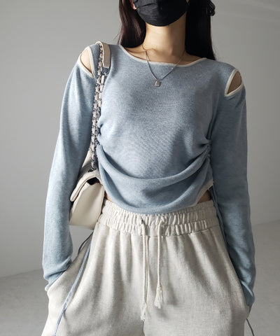 【 ４color 】パイピングカットアウトサイドリボンニットトップス