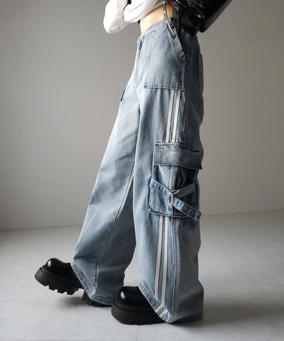 【 ２color ／ ４size 】サイドラインストレートカーゴデニムパンツ ／ sideline straight cargo denim pants