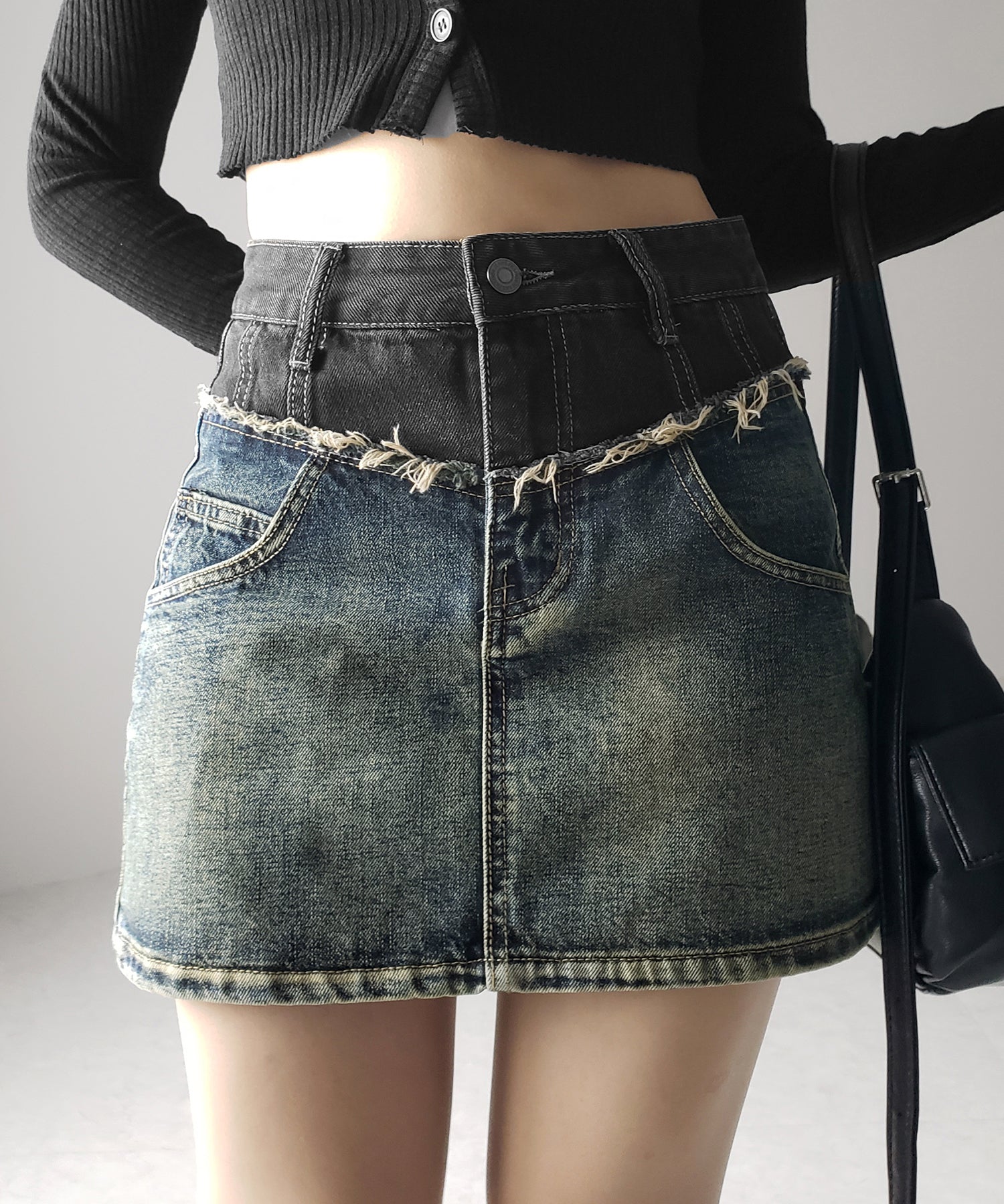 【 ３size ／ ２color 】ダメージドッキングヴィンテージデニムミニスカート ／damage docking vintage denim mini skirt