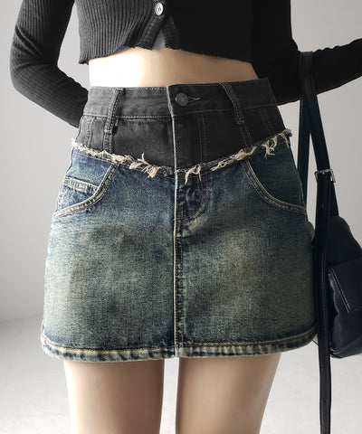 【 ３size ／ ２color 】ダメージドッキングヴィンテージデニムミニスカート ／damage docking vintage denim mini skirt