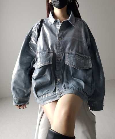 【 ２color 】メタリックハクプリントビッグシルエットボーイフレンドウォッシュデニムジャケット