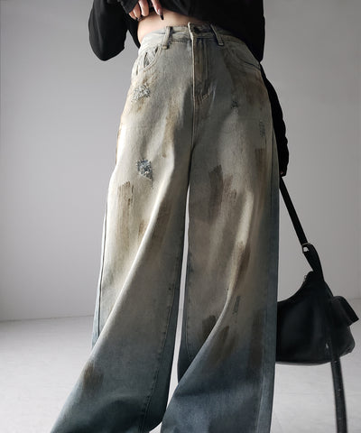【 ２color ／ ４size 】ヴィンテージペイントグラデーションワイドデニムパンツ ／ vintage paint gradation wide denim pants