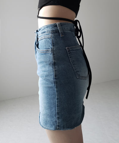 【 ３size 】ウォッシュデニムストレッチダメージミニスカパン ／ wash denim stretch damaged mini skirt