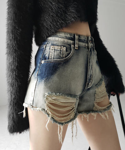 【 ２color 】クラッシュダメージブリーチデニムショートパンツ ／ crush damaged bleach denim short pants