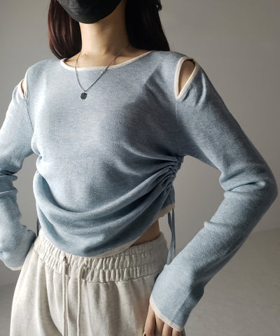【 ４color 】パイピングカットアウトサイドリボンニットトップス