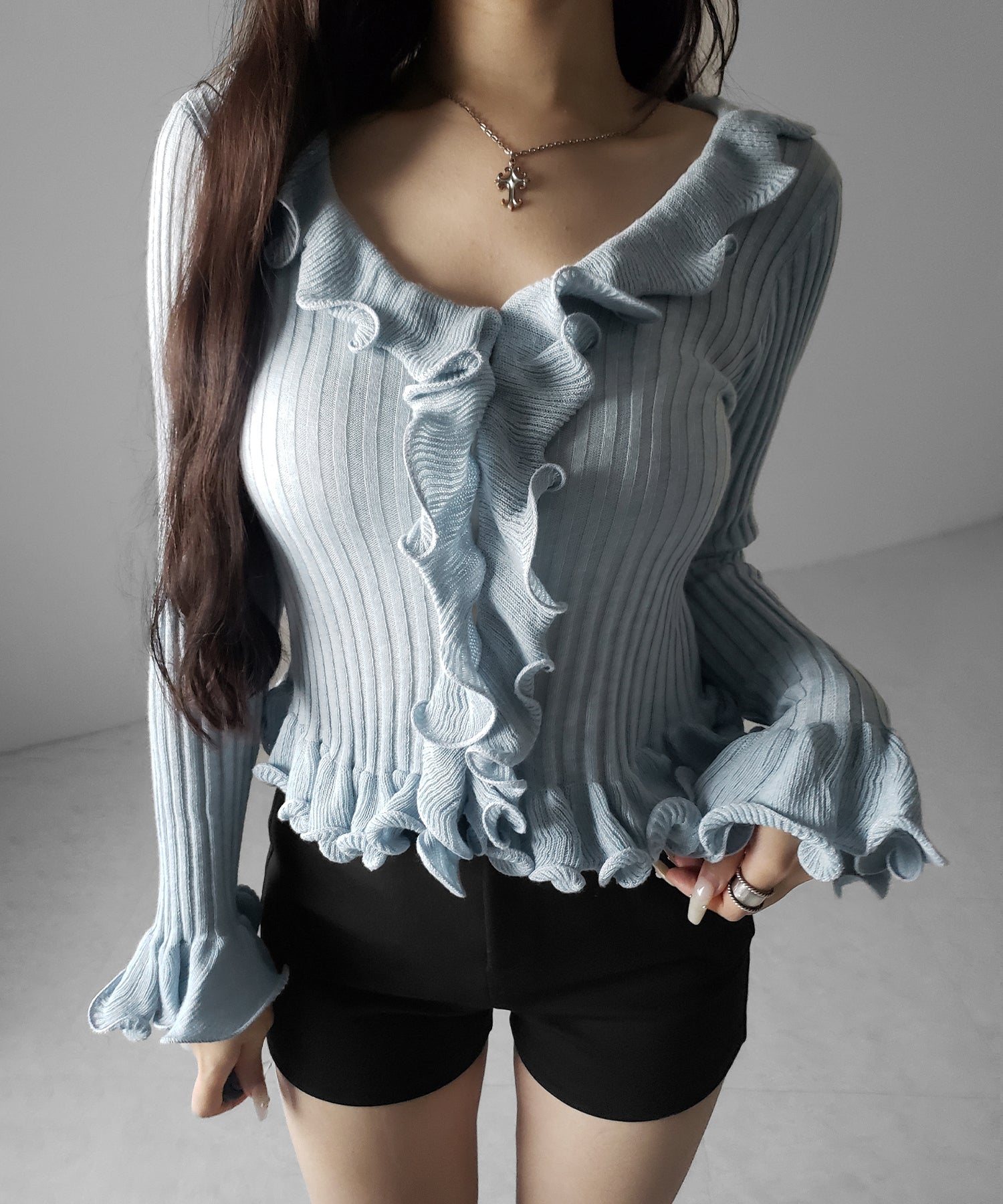 シアーフリル長袖リブニットカーディガン ／ sheer frill long-sleeve ribbed knit cardigan