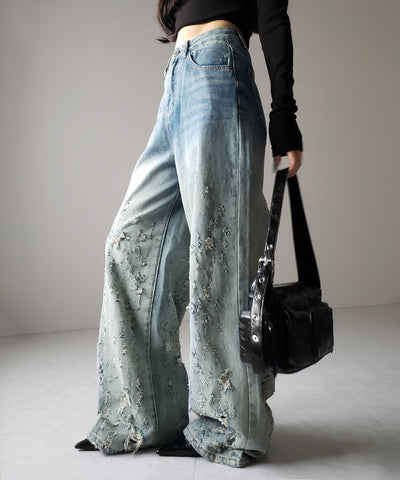 【 ２color ／ ４size 】グラデーションクラッシュダメージワイドデニムパンツ ／ gradation crash damage wide denim pants