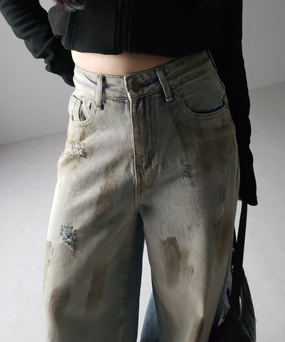 【 ２color ／ ４size 】ヴィンテージペイントグラデーションワイドデニムパンツ ／ vintage paint gradation wide denim pants