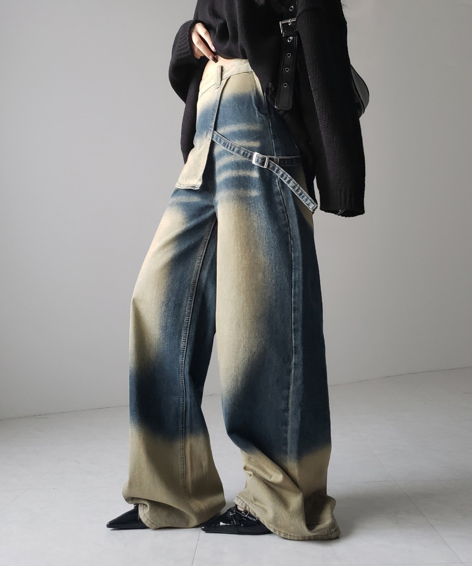 【 ２color ／４size 】ラップレイヤードバイカラーブリーチワイドデニム ／ wrap layered bicolor bleach wide denim