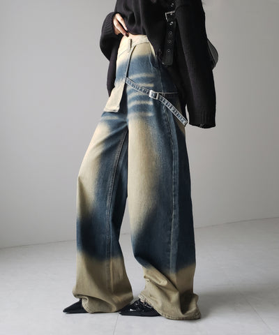 【 ２color ／４size 】ラップレイヤードバイカラーブリーチワイドデニム ／ wrap layered bicolor bleach wide denim