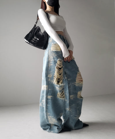 【 ２color ／ ４size 】クラッシュダメージバイカラースラブワイドデニム ／ crash damaged bicolor slab wide denim