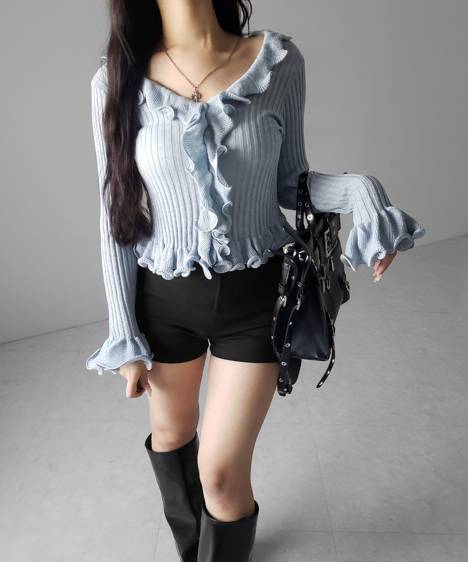 シアーフリル長袖リブニットカーディガン ／ sheer frill long-sleeve ribbed knit cardigan
