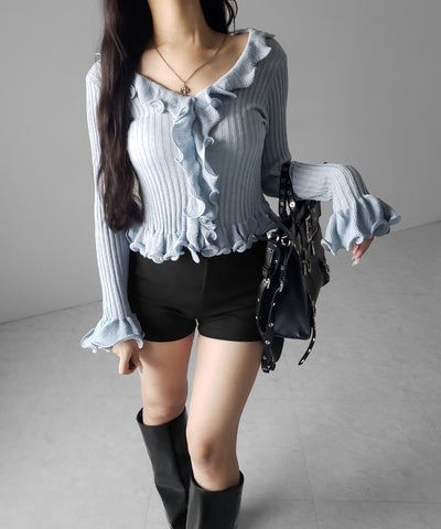 シアーフリル長袖リブニットカーディガン ／ sheer frill long-sleeve ribbed knit cardigan