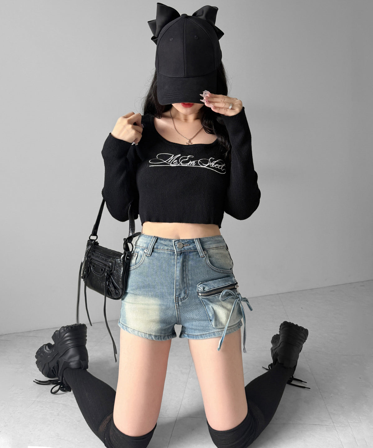 リボンストリングカーゴポケットデニムショートパンツ／ribbon string cargo pocket denim short pants