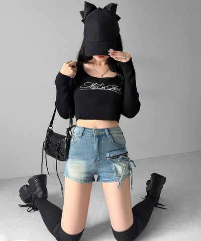リボンストリングカーゴポケットデニムショートパンツ／ribbon string cargo pocket denim short pants