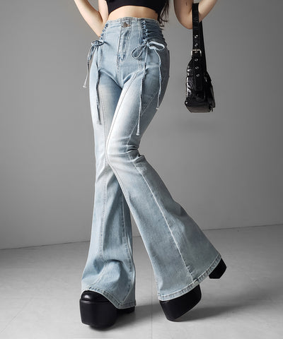 サイドレースアップリボン美脚ストレッチフレアデニム ／ side laceup ribbon slim leg stretch flare denim