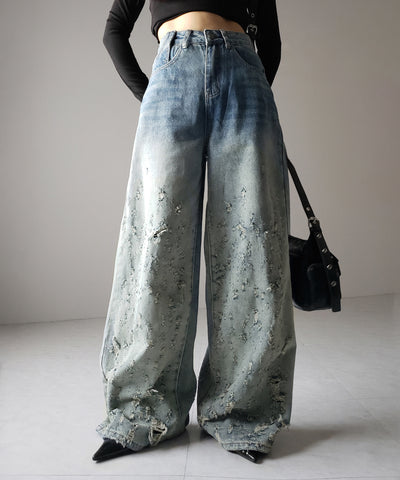 【 ２color ／ ４size 】グラデーションクラッシュダメージワイドデニムパンツ ／ gradation crash damage wide denim pants