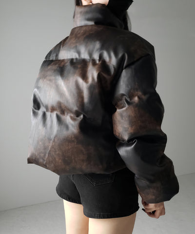 【 ２color 】ヴィンテージタイダイフェイクレザーショートダウンジャケット ／ vintage tyedye fake leather short down jacket