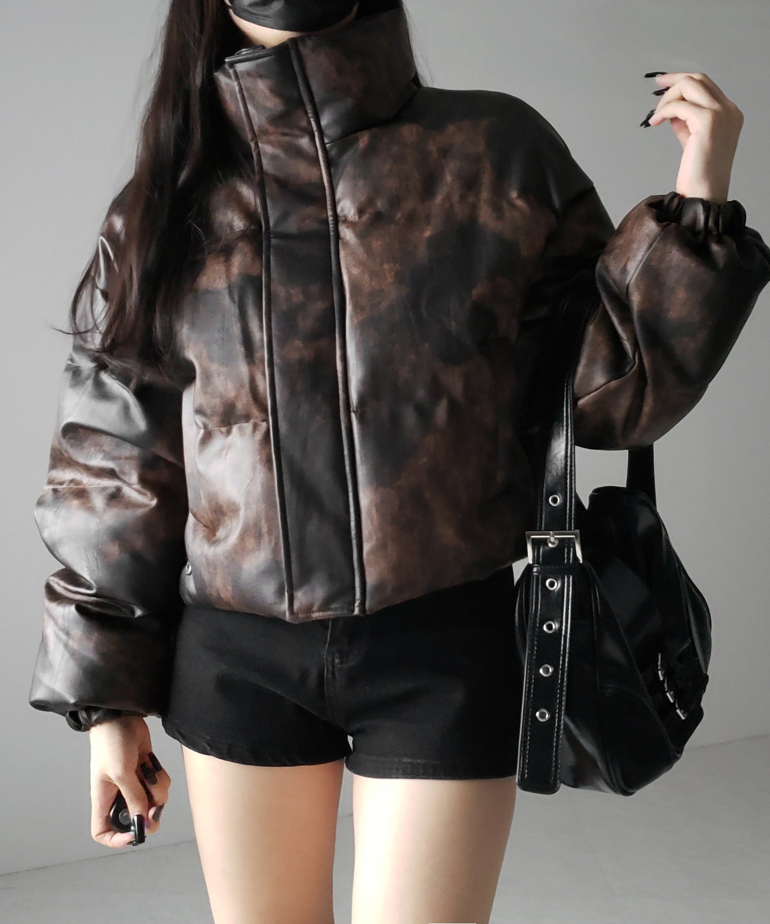 【 ２color 】ヴィンテージタイダイフェイクレザーショートダウンジャケット ／ vintage tyedye fake leather short down jacket
