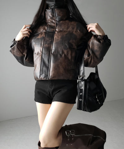 【 ２color 】ヴィンテージタイダイフェイクレザーショートダウンジャケット ／ vintage tyedye fake leather short down jacket