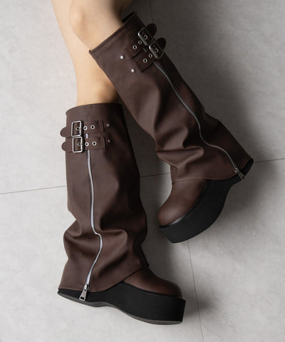 【 ２color 】ベルテッドヴィンテージ厚底カバーロングブーツ ／belted vintage platform cover long boots