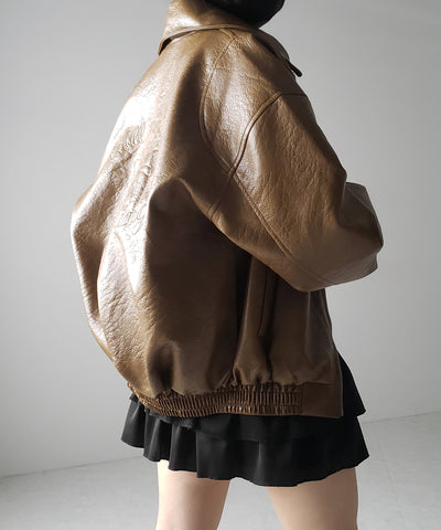 【 ２color 】バックリボン刺繍ヴィンテージライクフェイクレザーブルゾン ／ back ribbon vintage like fake leather blouson