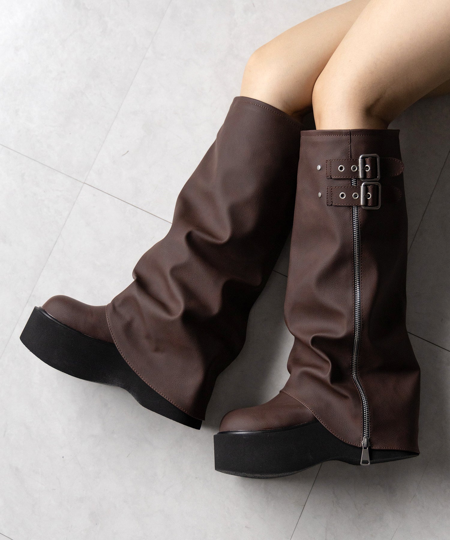 【 ２color 】ベルテッドヴィンテージ厚底カバーロングブーツ ／belted vintage platform cover long boots