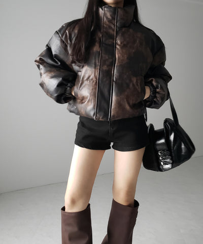 【 ２color 】ヴィンテージタイダイフェイクレザーショートダウンジャケット ／ vintage tyedye fake leather short down jacket