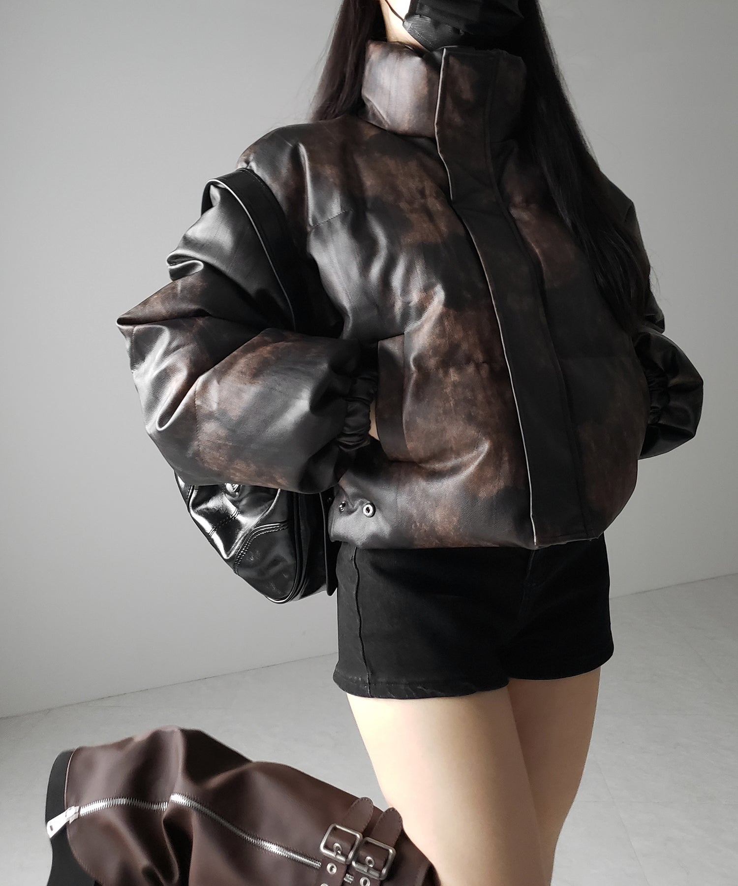 【 ２color 】ヴィンテージタイダイフェイクレザーショートダウンジャケット ／ vintage tyedye fake leather short down jacket