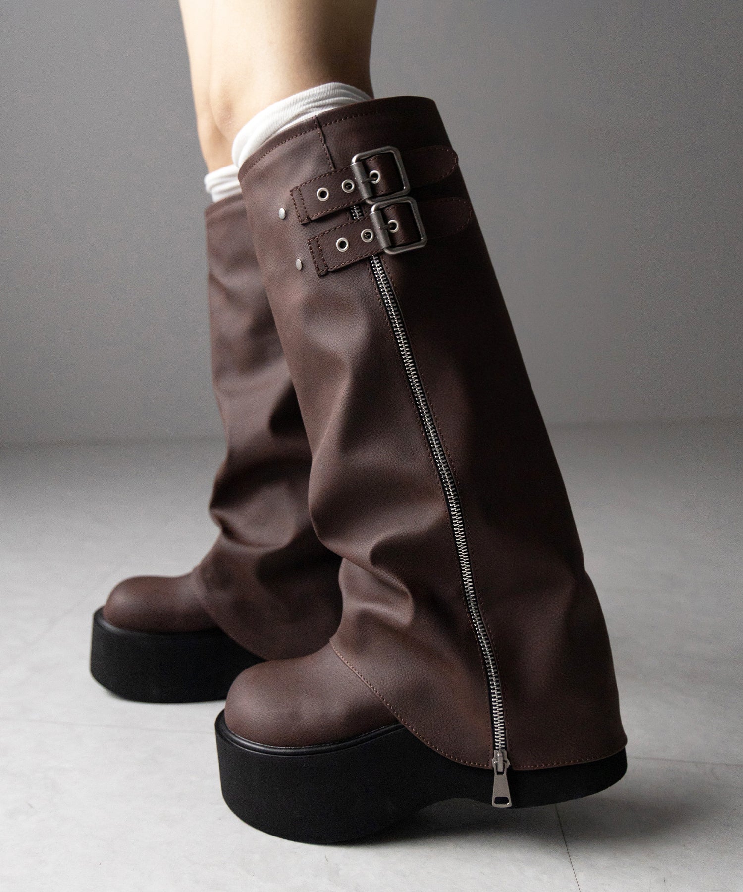 【 ２color 】ベルテッドヴィンテージ厚底カバーロングブーツ ／belted vintage platform cover long boots