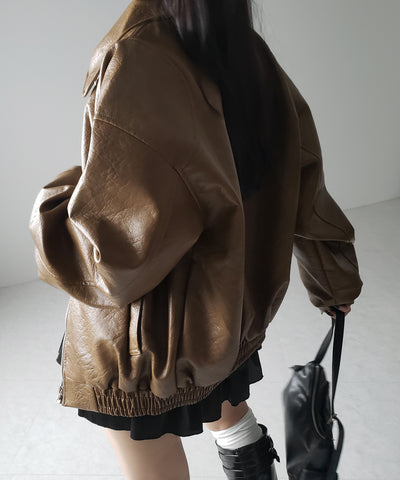 【 ２color 】バックリボン刺繍ヴィンテージライクフェイクレザーブルゾン ／ back ribbon vintage like fake leather blouson