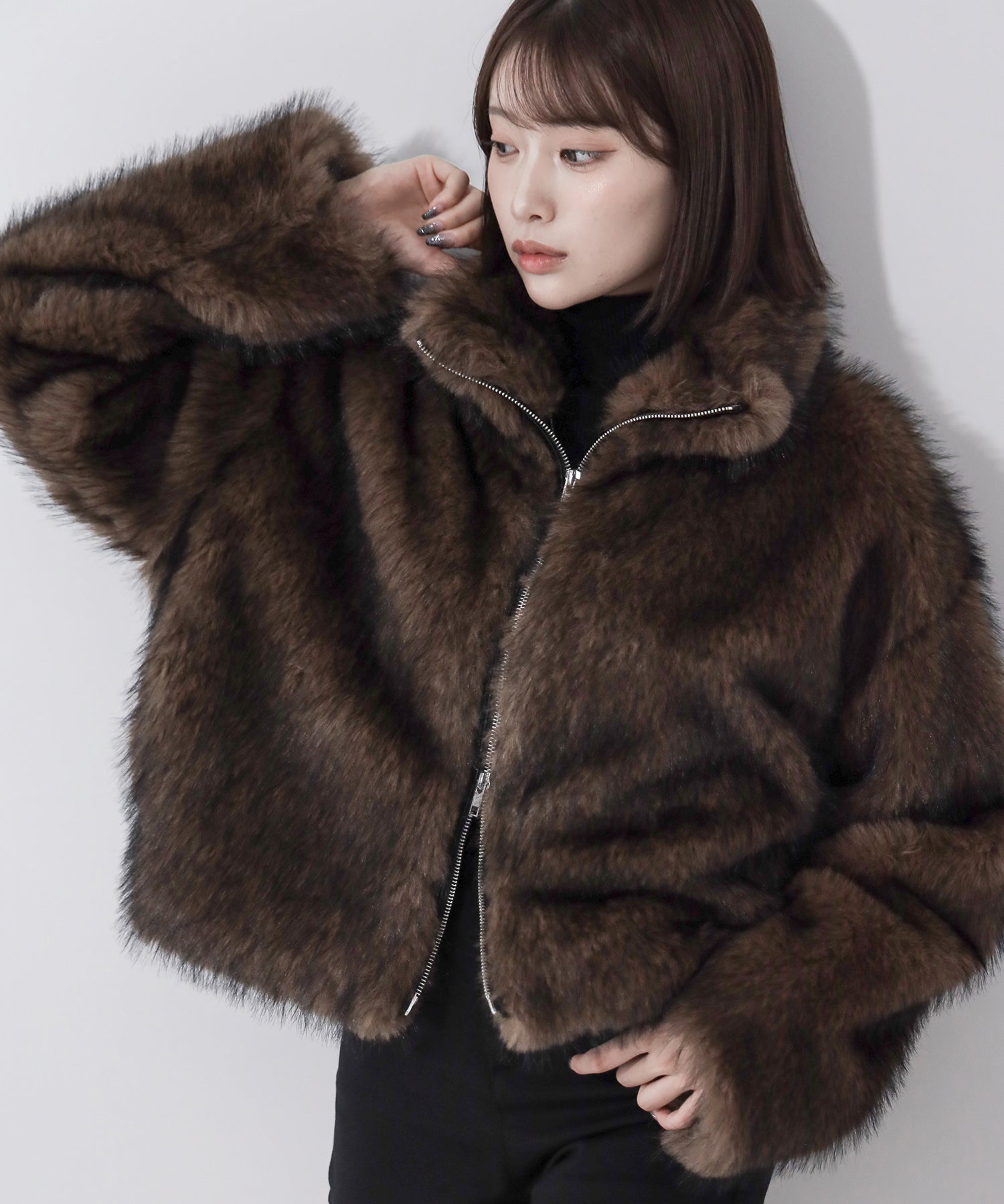 ダブルジップスタンドカラーミックスファージャケット ／ double zip stand collar mix fur jacket
