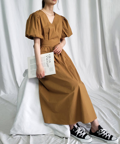 【 5COLOR 】ボリュームスリーブカットアウトバックリボンワンピース