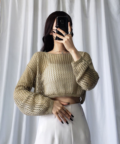 【 ７color 】ショート丈メッシュクロシェ透かし編みニット