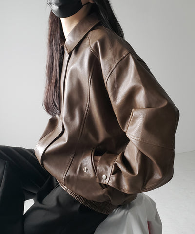 【 ２color 】ヴィンテージライクオーバーフェイクレザーブルゾン ／ vintage like over fake leather blouson