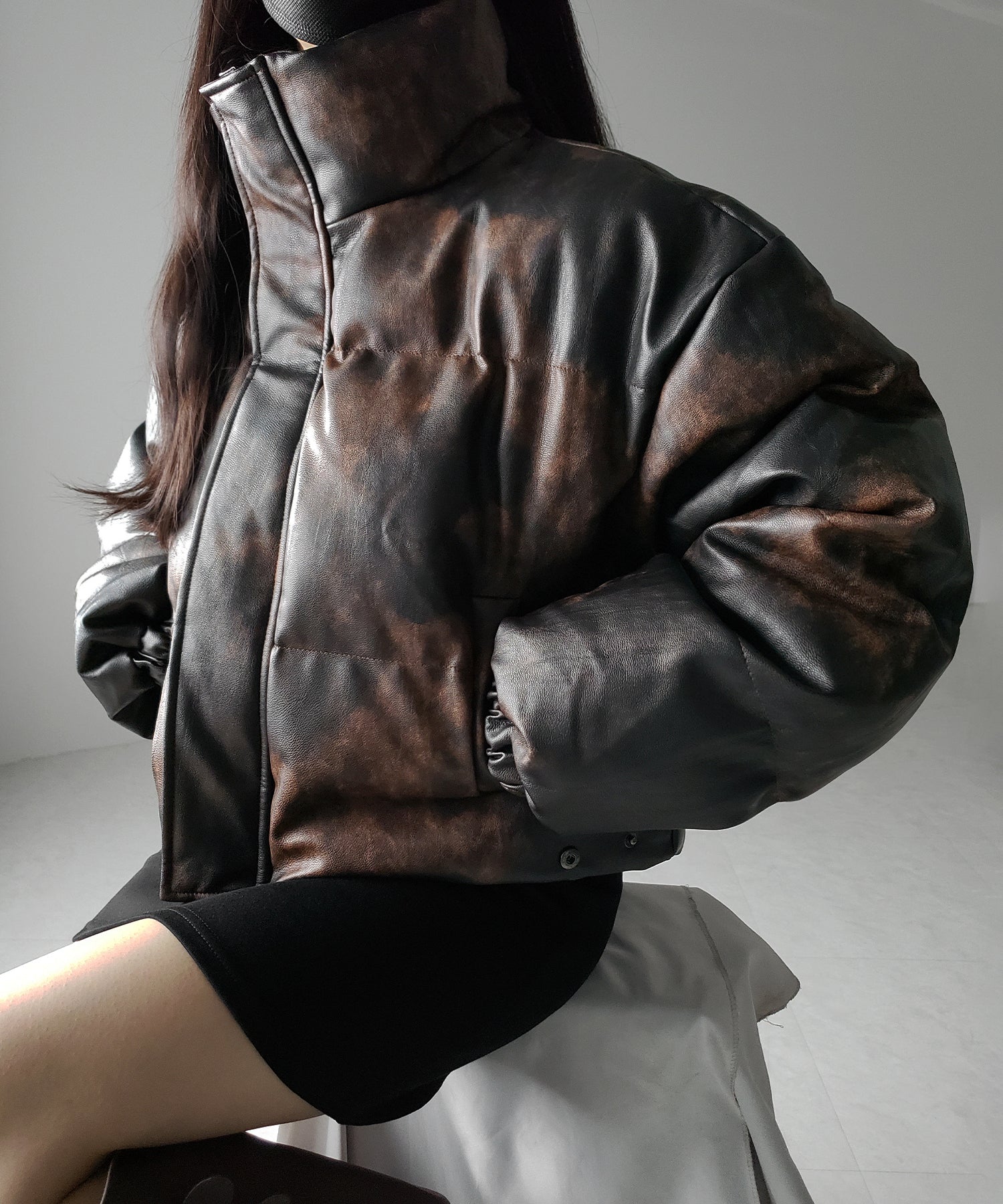 【 ２color 】ヴィンテージタイダイフェイクレザーショートダウンジャケット ／ vintage tyedye fake leather short down jacket