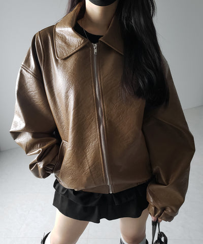 【 ２color 】バックリボン刺繍ヴィンテージライクフェイクレザーブルゾン ／ back ribbon vintage like fake leather blouson