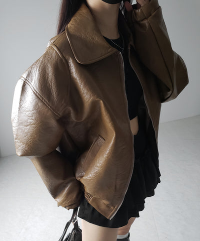 【 ２color 】バックリボン刺繍ヴィンテージライクフェイクレザーブルゾン ／ back ribbon vintage like fake leather blouson