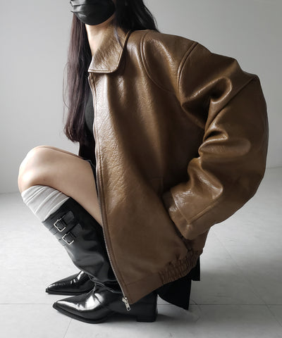 【 ２color 】バックリボン刺繍ヴィンテージライクフェイクレザーブルゾン ／ back ribbon vintage like fake leather blouson